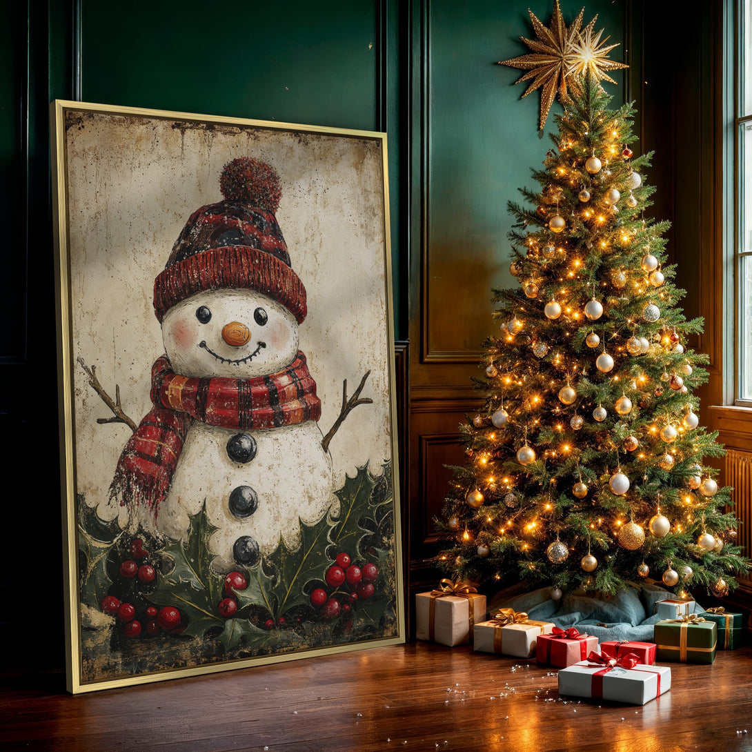 Canvas Print featuring a charming snowman in a vintage style with a red and cream color palette, perfect for holiday decor.