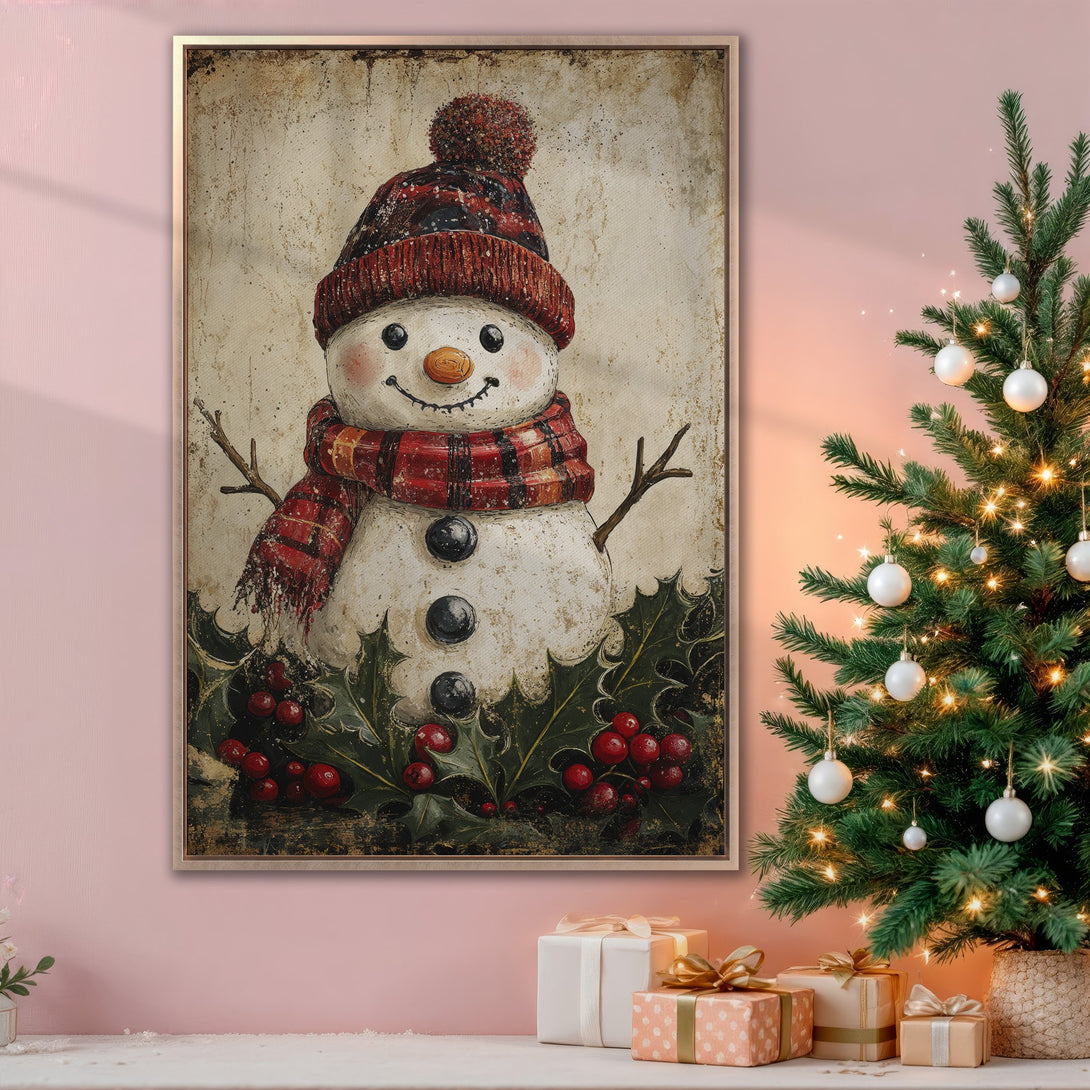 Framed Wall Art: Vintage snowman print with red and cream color palette. Perfect Christmas decor for a cozy, festive vibe!