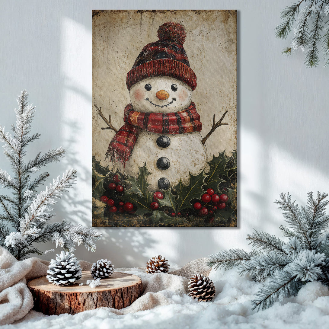 Framed Wall Art featuring a charming snowman in a rustic style, perfect for Christmas decor. Warm red & green palette.
