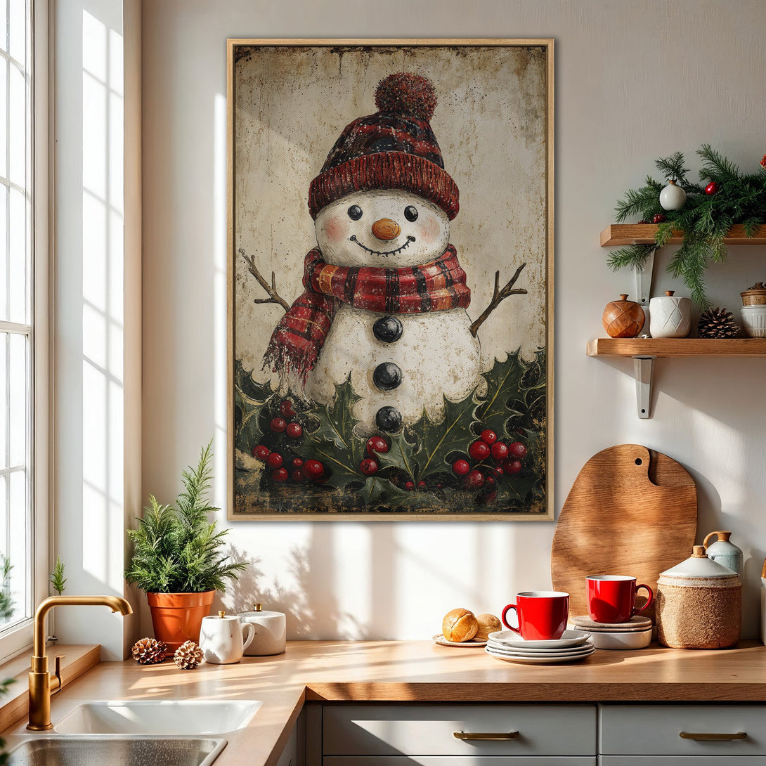 Framed Wall Art: Charming snowman print with a rustic, vintage style. Festive red and green color palette, perfect for holiday decor.