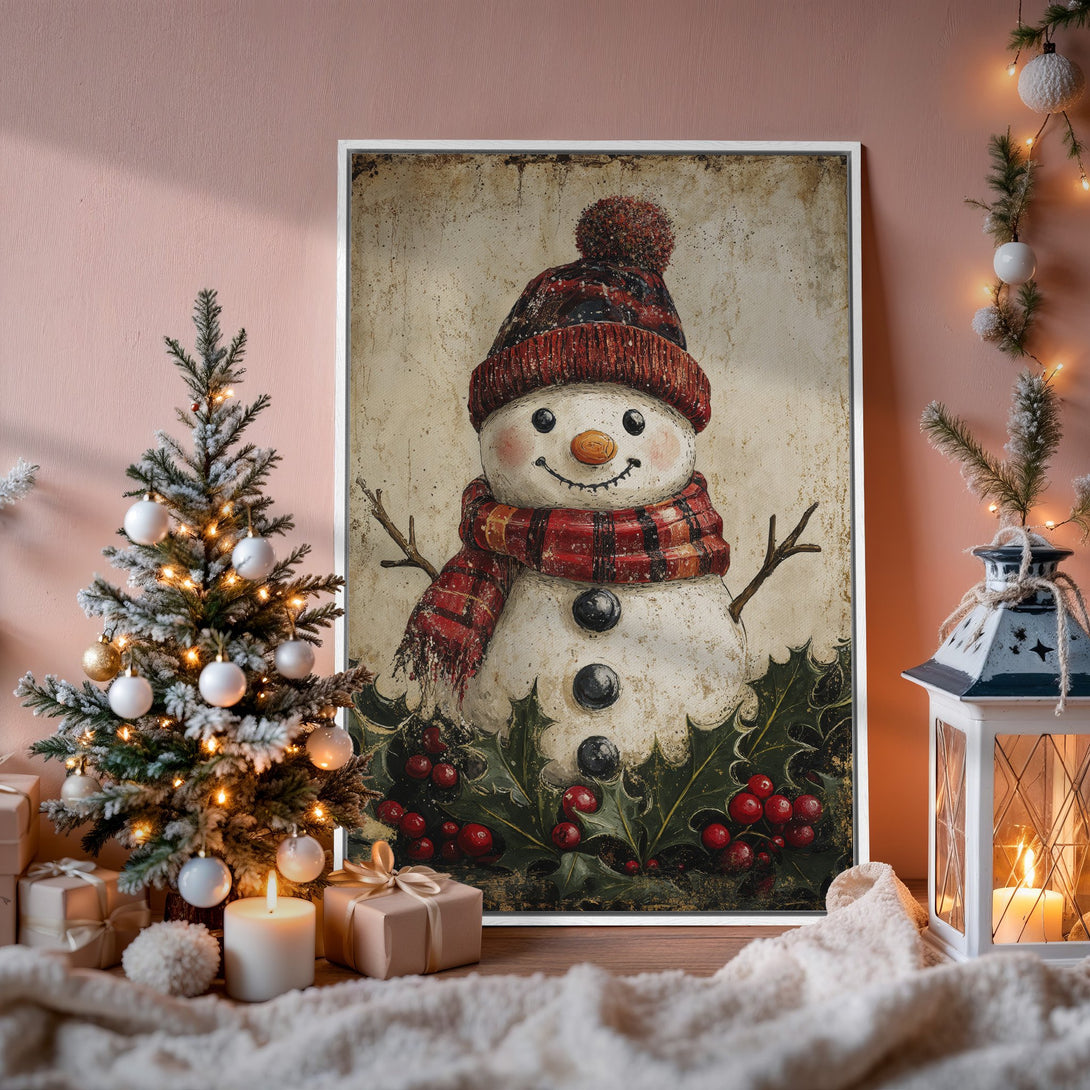Framed Wall Art: Charming snowman print with red and green accents, perfect for holiday decor. Rustic style, warm color palette. Add festive cheer to your home!