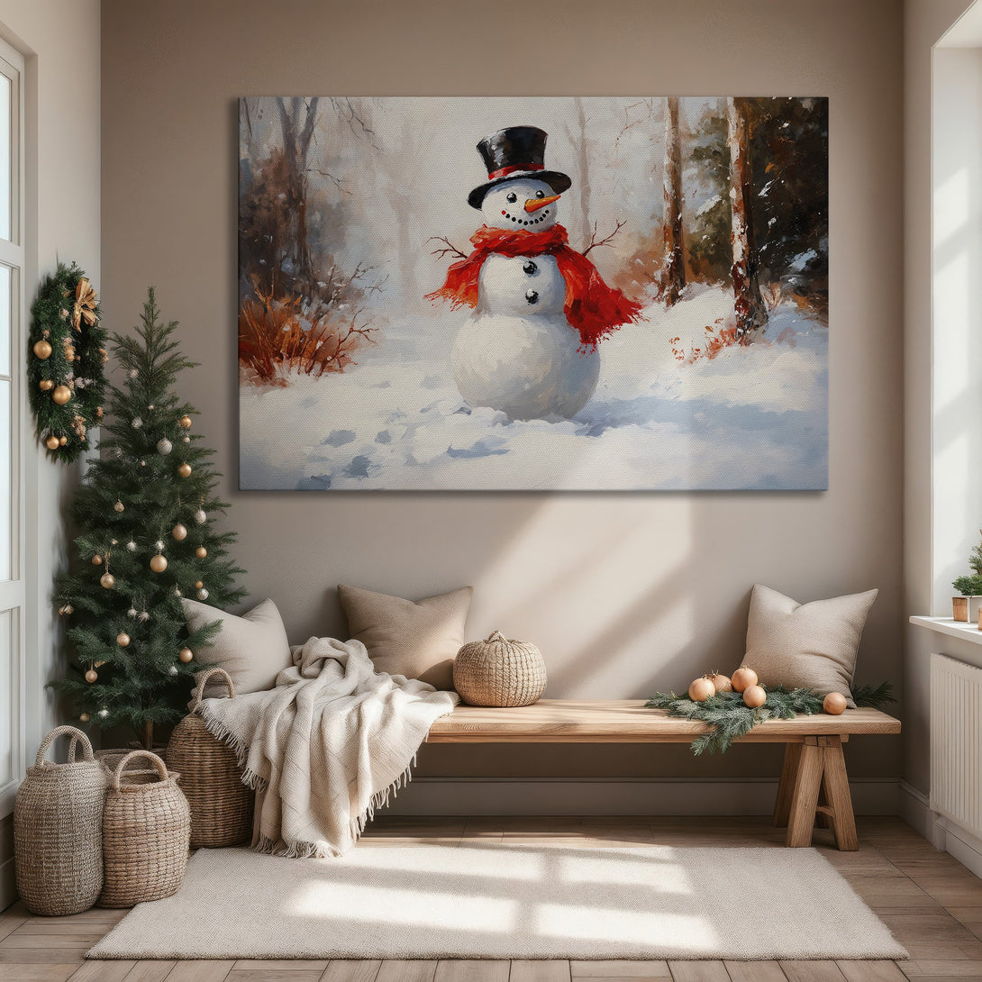 Framed Wall Art: Whimsical snowman painting with red scarf in a snowy forest. Warm, inviting colors perfect for cozy winter decor.