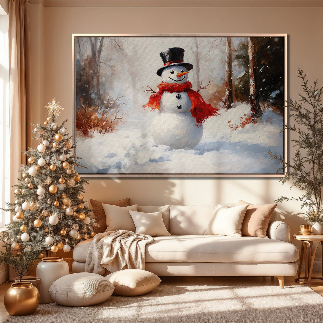 Framed Wall Art: Winter snowman painting in a cozy living room. Warm, neutral palette with pops of red. Perfect for holiday decor.