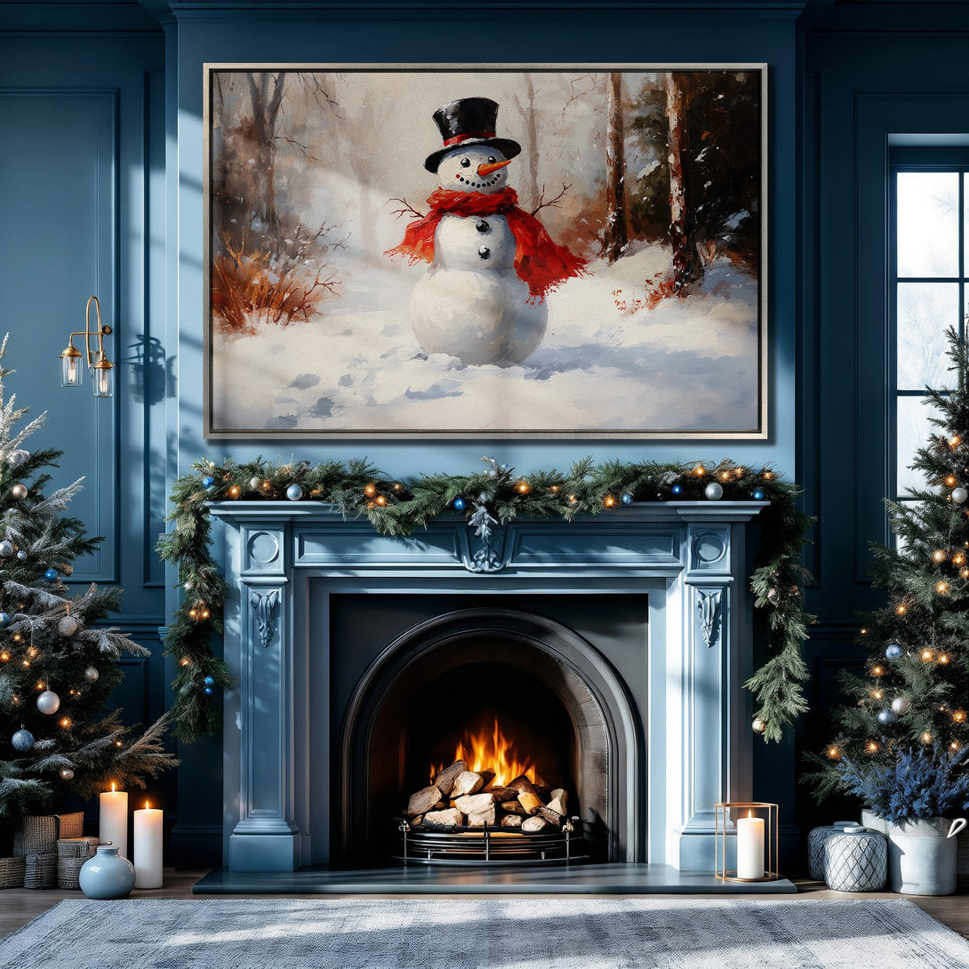 Framed Wall Art: Whimsical snowman painting in a winter scene. Warm reds and cool blues create a cozy, festive vibe. Perfect holiday decor.