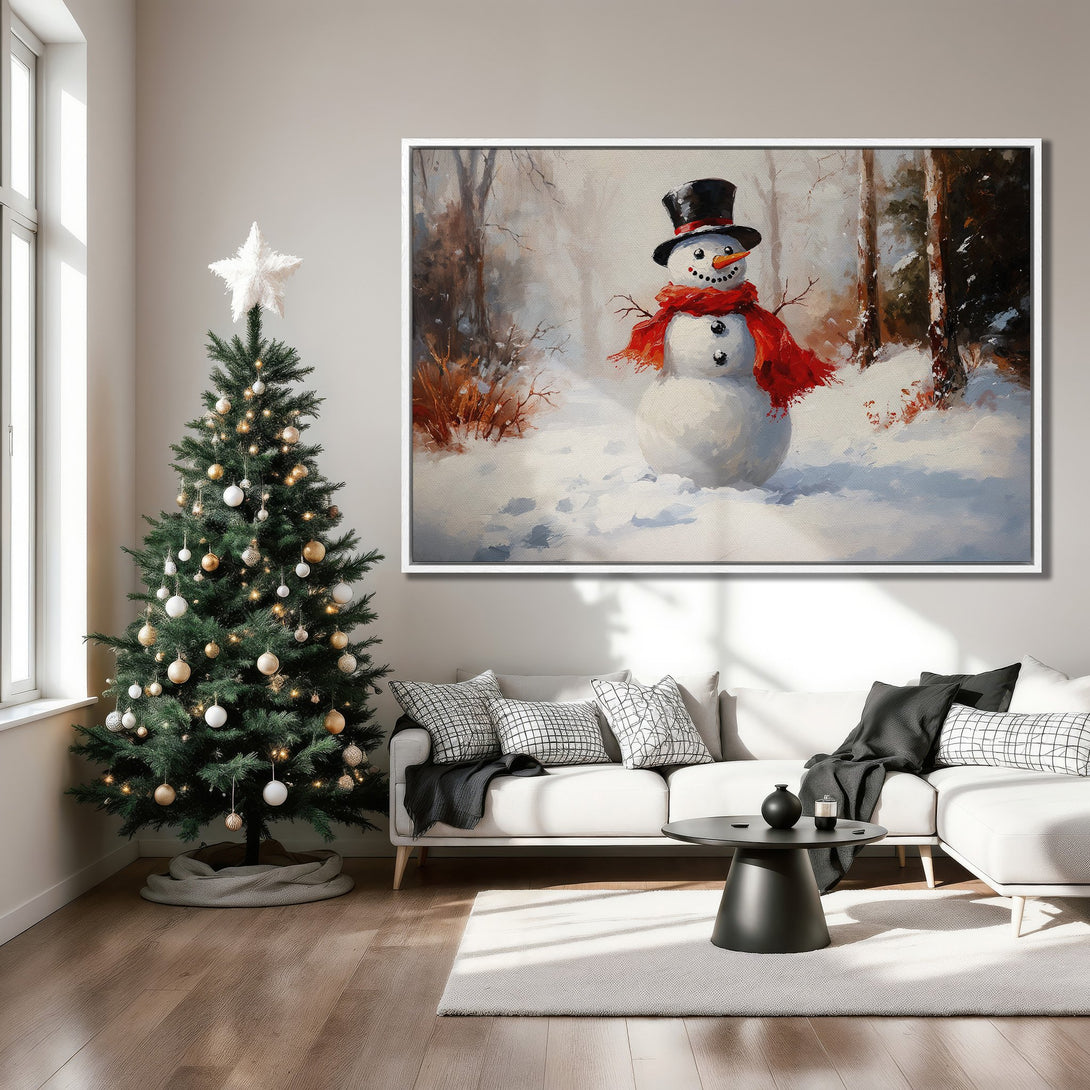 Framed Wall Art featuring a whimsical snowman in a snowy forest scene. Warm, inviting color palette perfect for holiday decor.