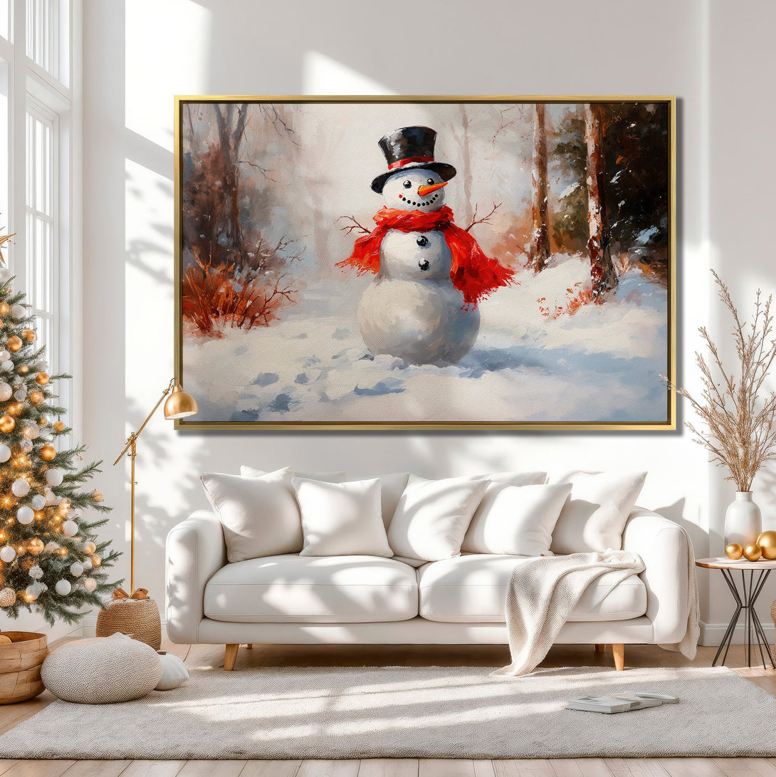 Canvas Print of a snowman in a winter forest scene. Cozy, warm color palette with red scarf. Perfect for holiday decor!