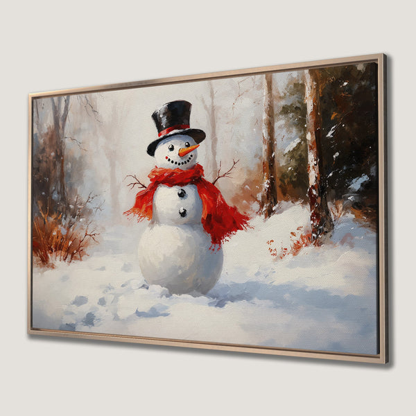 Framed Wall Art: Whimsical snowman in a winter forest scene. Warm, inviting color palette with pops of red. Perfect holiday decor!