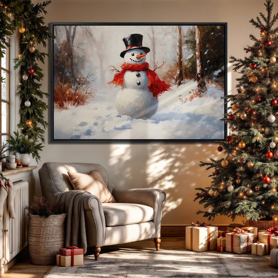 Framed Wall Art: Winter snowman scene in a cozy interior. Warm, inviting colors of white, red, and brown. Perfect holiday decor!