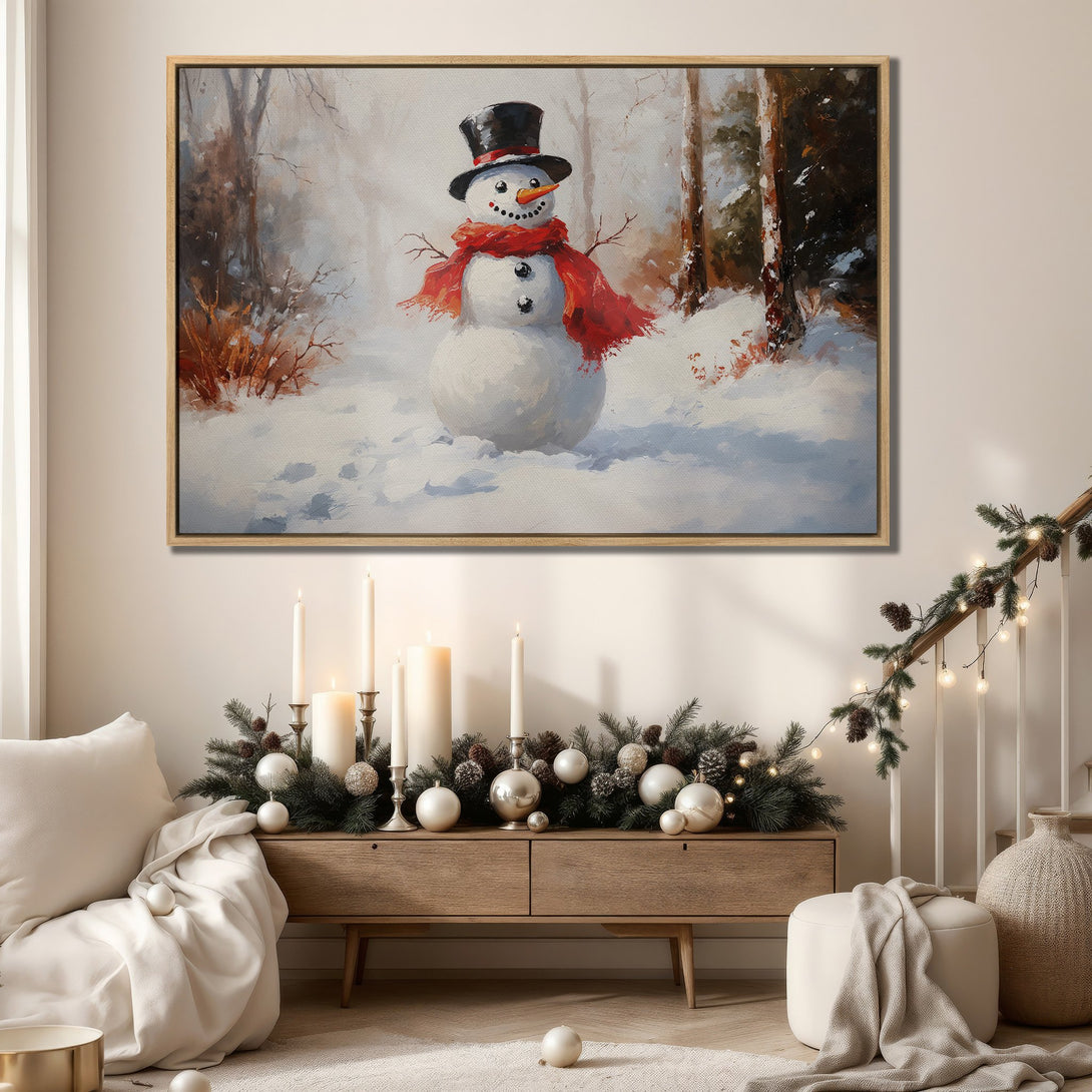 Framed Wall Art: Winter snowman painting with a warm color palette. Rustic style canvas print perfect for cozy home decor. Shop now for holiday art!