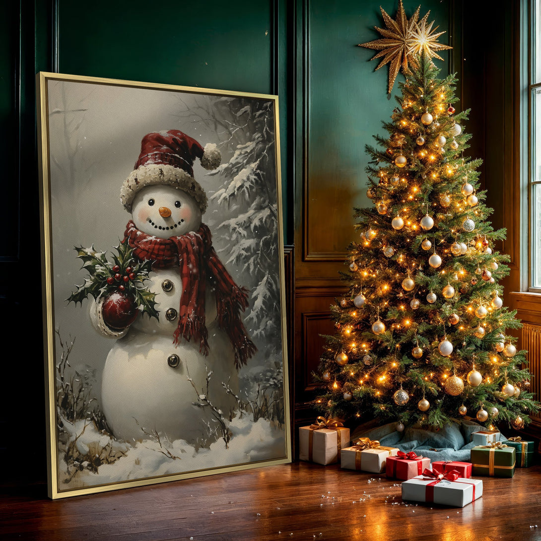 Canvas Print featuring a charming snowman in a winter scene. Warm red and neutral tones create a cozy, vintage-inspired holiday aesthetic.