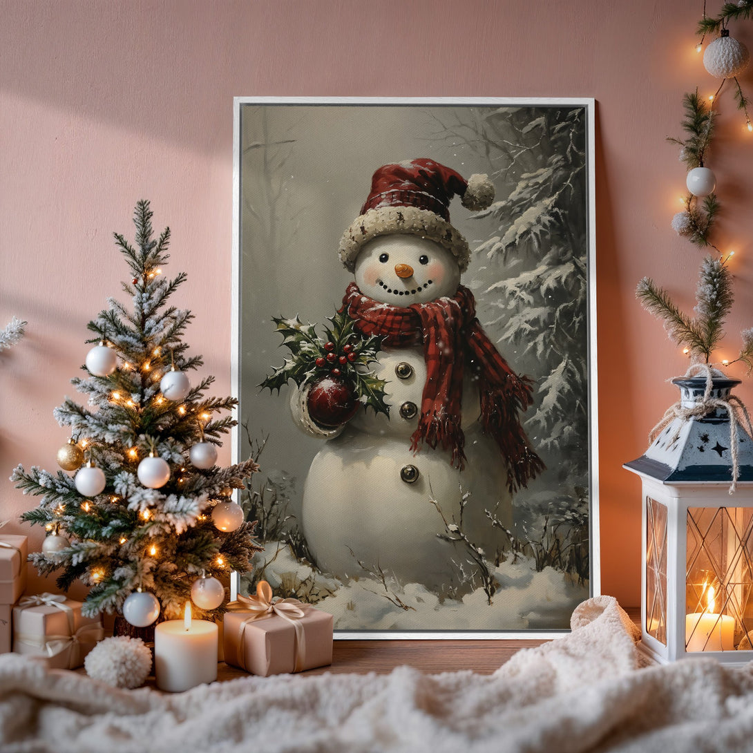 Framed Wall Art: Winter snowman painting with red accents. Cozy holiday decor in a neutral color palette. Perfect Christmas gift idea!