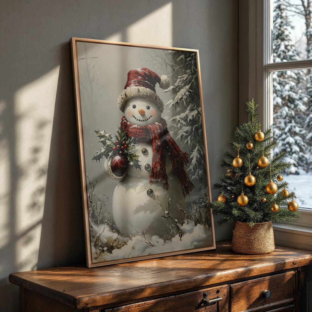 Framed Wall Art: Charming snowman art in a winter scene, featuring a warm red and neutral color palette. Perfect for cozy holiday decor.