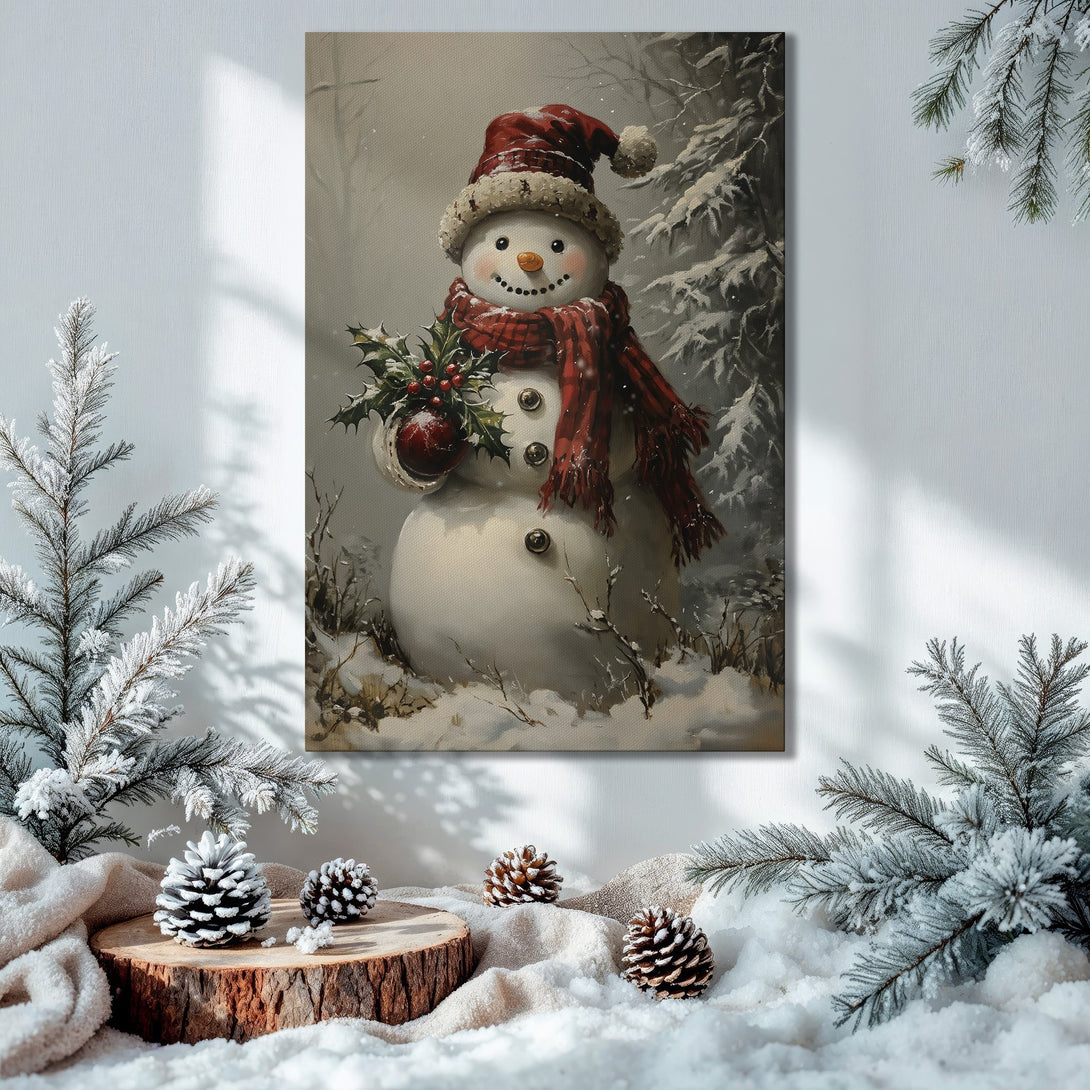 Framed Wall Art featuring a charming snowman in a winter scene. Warm red and neutral tones create a cozy, festive holiday feel.