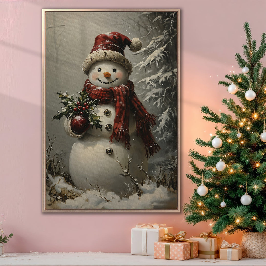Framed Wall Art: Whimsical snowman painting in a winter scene. Rustic style with red and neutral tones, perfect for holiday decor. Add warmth to your space!