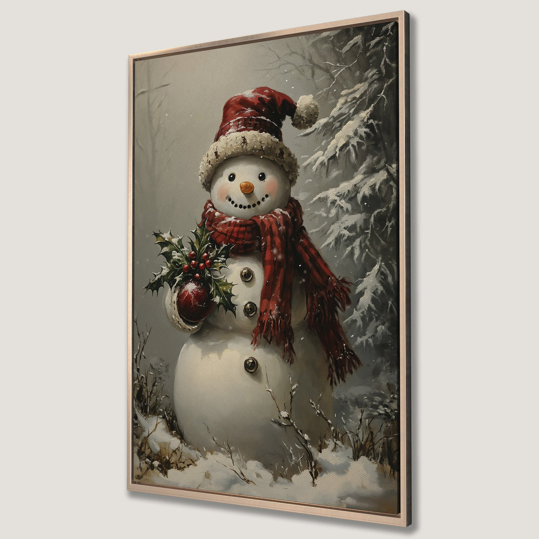 Framed Wall Art: Charming snowman in a winter scene, featuring a red and white color palette. Perfect holiday decor for a cozy, festive touch.
