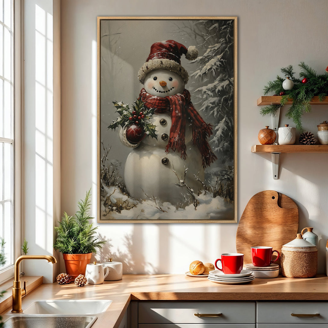 Framed Wall Art featuring a charming snowman in a winter scene, with a vintage style and a warm red and grey color palette. Perfect for holiday decor.