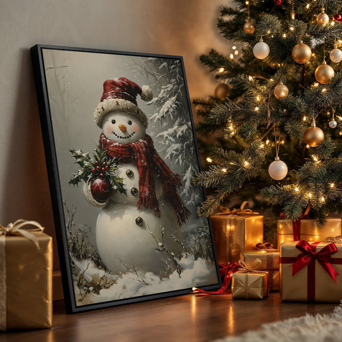Framed Wall Art featuring a charming snowman in a winter scene. Warm red and neutral tones create a cozy, festive atmosphere for your holiday decor.