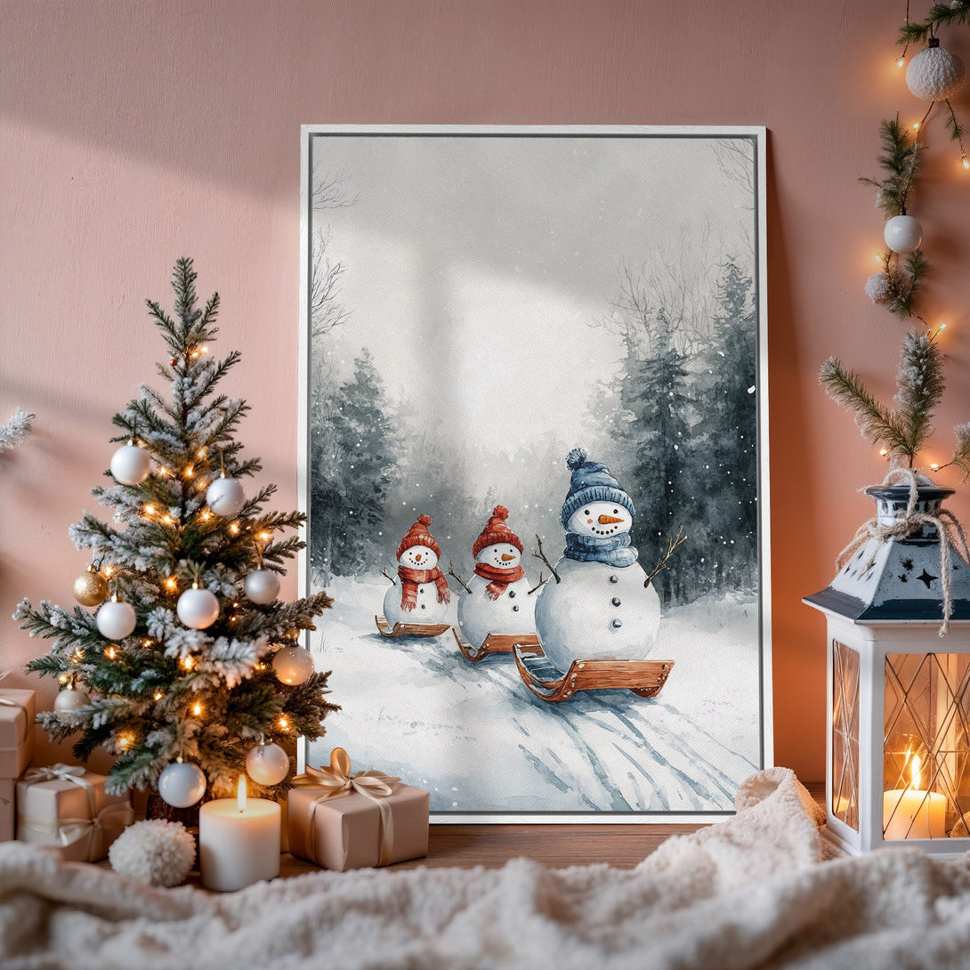 Framed Wall Art: Watercolor snowman scene in winter forest, neutral & red color palette. Perfect for holiday decor!