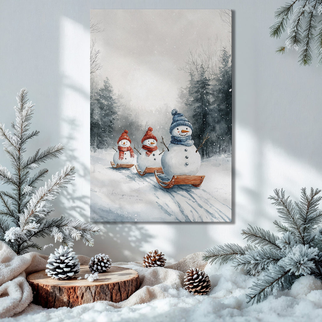 Framed Wall Art: Watercolor snowman scene in a winter forest, with a neutral and blue color palette. Perfect for holiday decor!