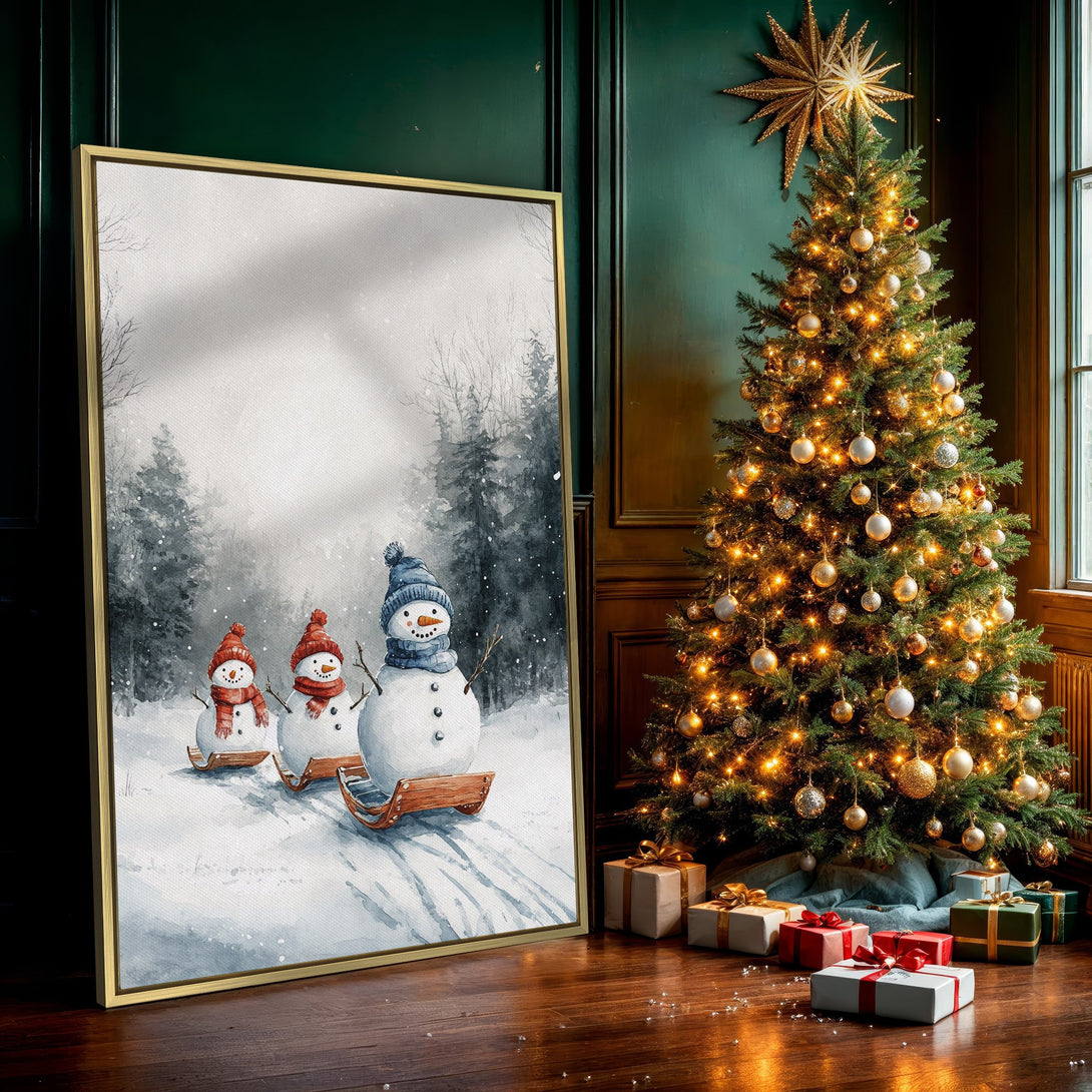 Canvas Print featuring a watercolor winter scene with snowmen. Soft, muted blue and gray palette, perfect for holiday decor.