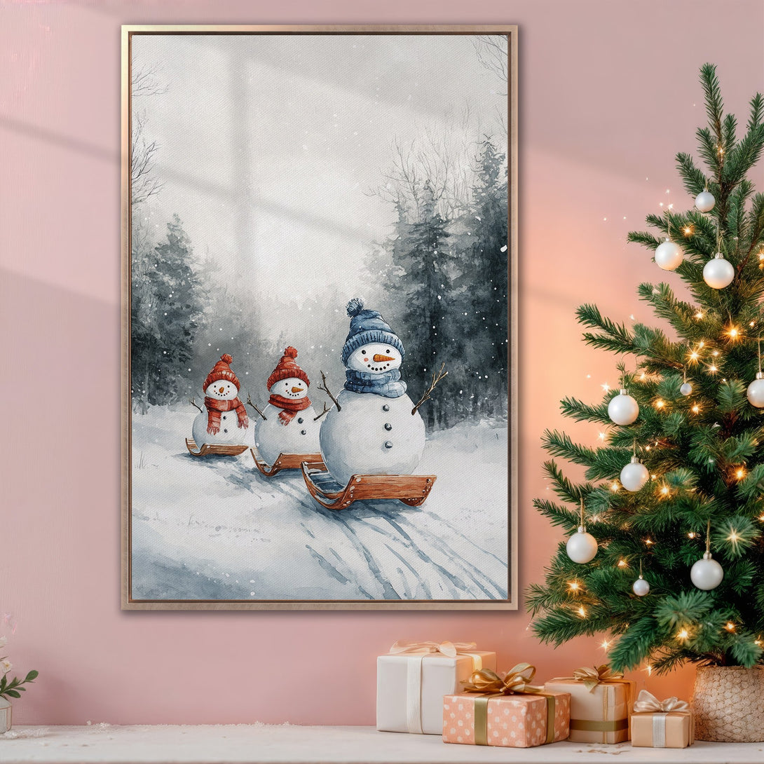 Framed Wall Art: Watercolor snowmen scene in a winter forest. Soft blue, gray, and red color palette. Perfect for holiday decor!