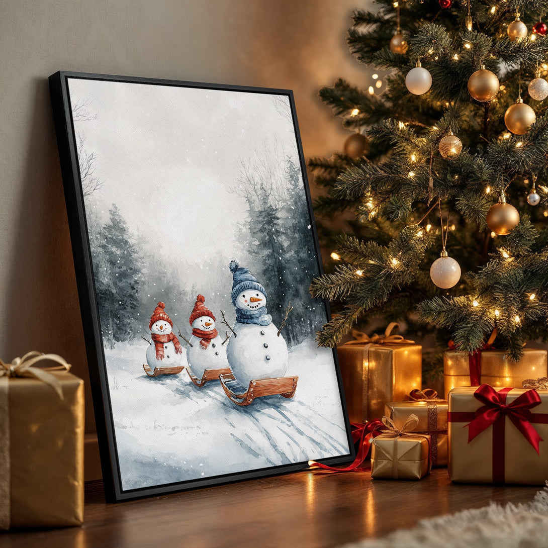 Framed Wall Art featuring watercolor snowmen in a winter scene. Soft blues, grays, and whites create a cozy, festive holiday vibe. Perfect Christmas decor!