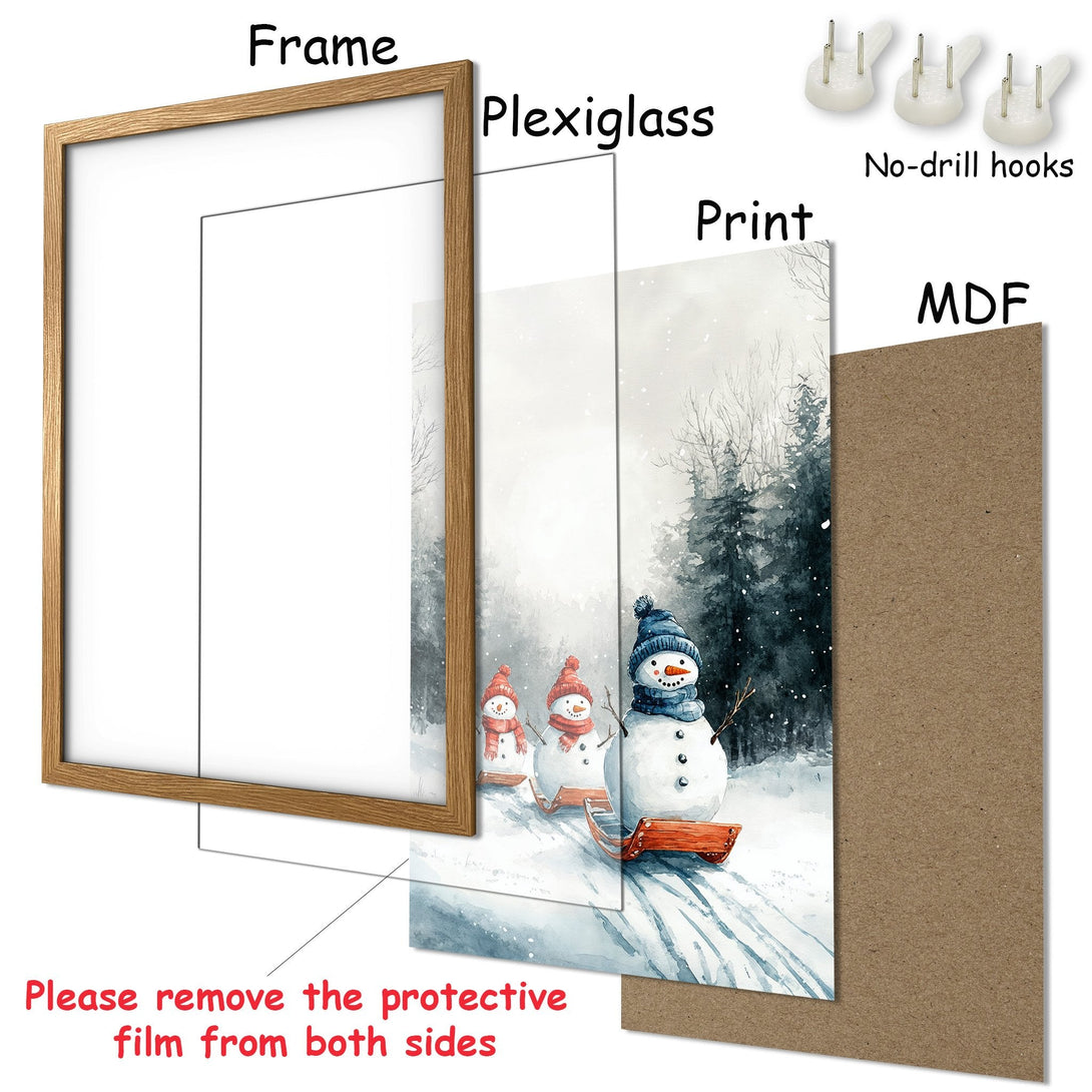 Framed Poster featuring a watercolor snowman scene. Soft, wintery style with a cool blue and gray palette. Perfect for holiday decor!
