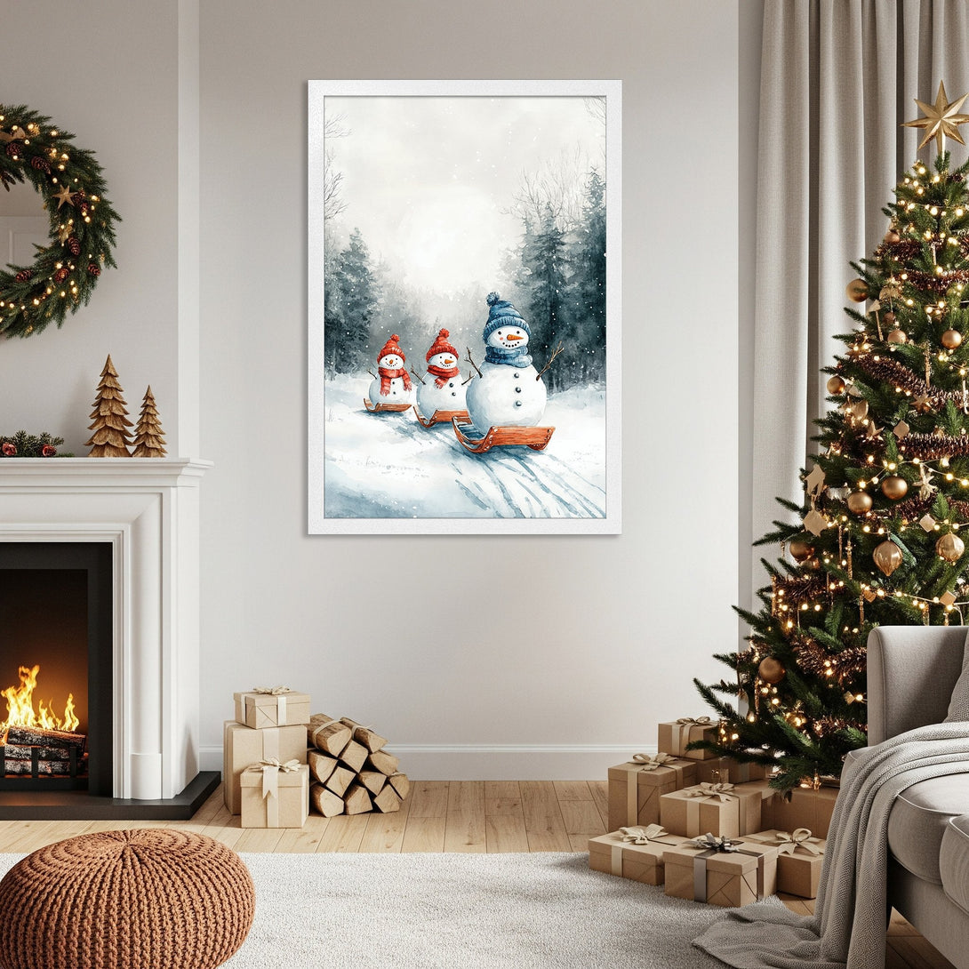 Framed Poster featuring watercolor snowmen in a winter scene. Soft blue and red accents on a white backdrop. Perfect Christmas decor.