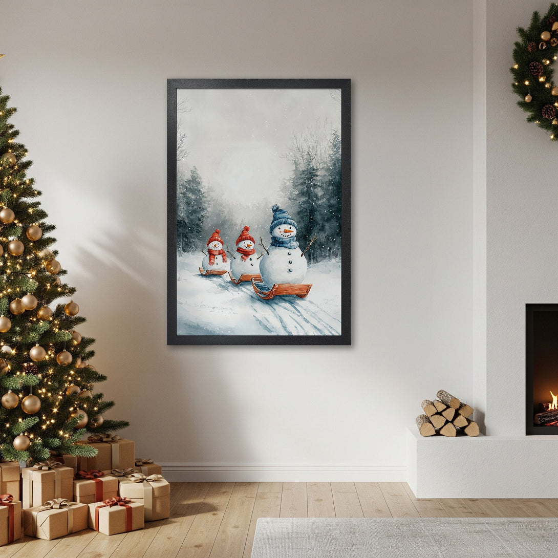 Framed Poster featuring watercolor snowmen in a winter forest scene. Soft blue and white palette, perfect for holiday decor.