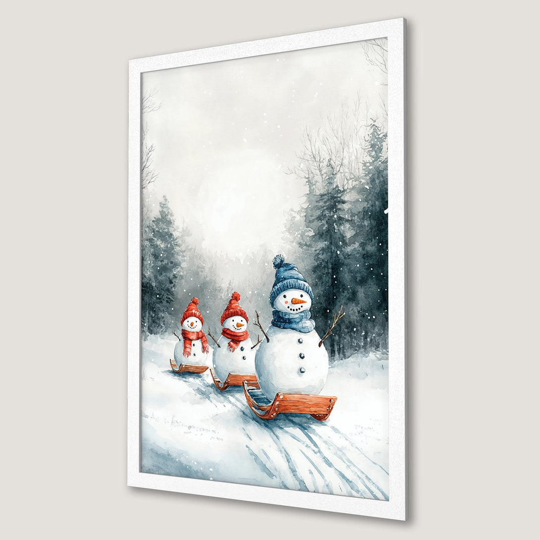 Framed Poster featuring watercolor snowmen in a winter forest scene. Charming art with a blue and white color palette. Perfect winter decor!
