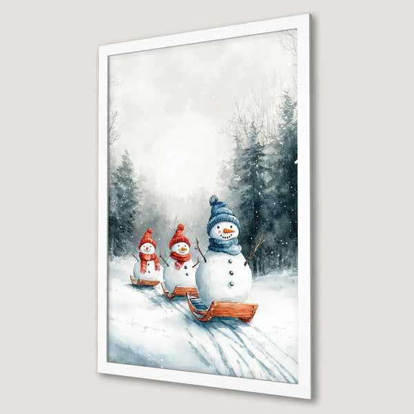 Framed Poster featuring watercolor snowmen in a winter forest scene. Charming art with a blue and white color palette. Perfect winter decor!