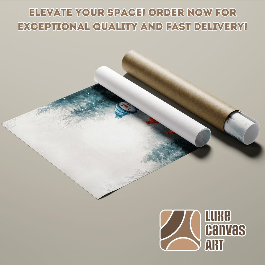 Winter scene Poster Roll in watercolor style, featuring a snowman, with a blue and white color palette. Order now!