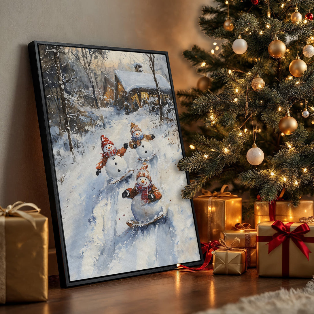 Framed Wall Art: Watercolor winter scene with snowmen. Perfect holiday decor. Cool blue and white palette, adds a cozy touch to any room.