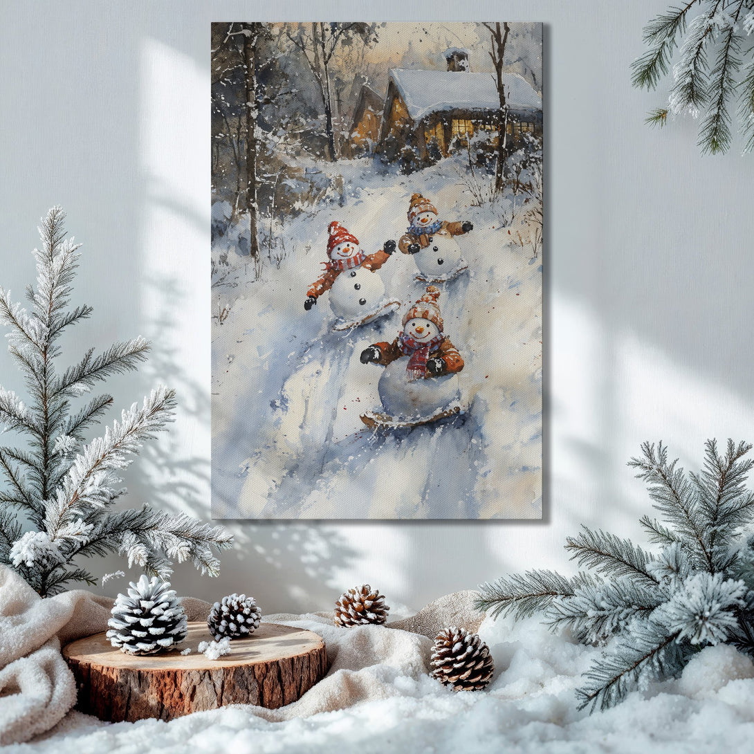 Framed Wall Art: Watercolor winter scene with snowmen. Warm, inviting colors. Perfect Christmas decor. Canvas Print for cozy home.
