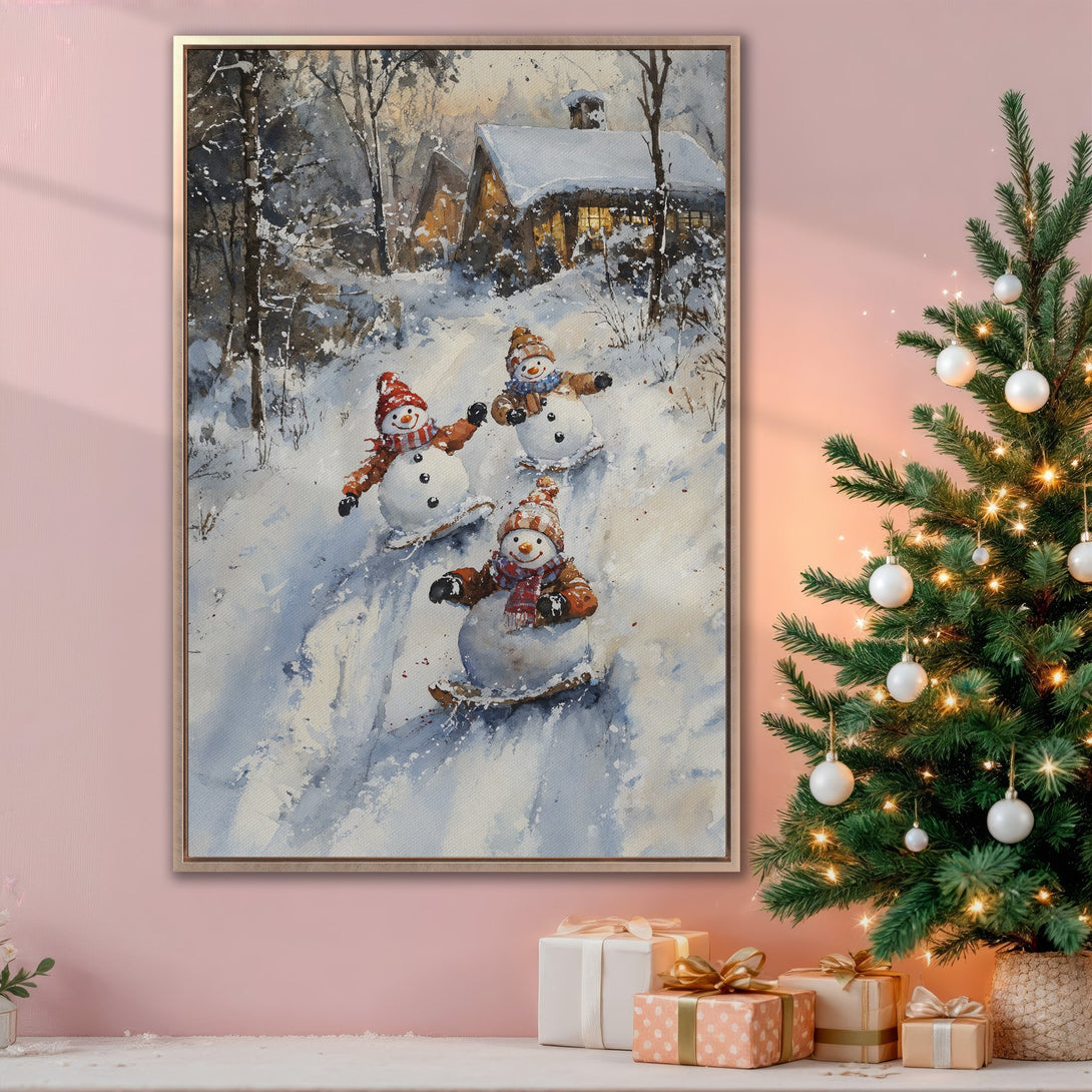 Framed Wall Art: Watercolor painting of snowmen skiing in a winter landscape. Warm, inviting colors perfect for holiday decor. Add cozy charm to your home!
