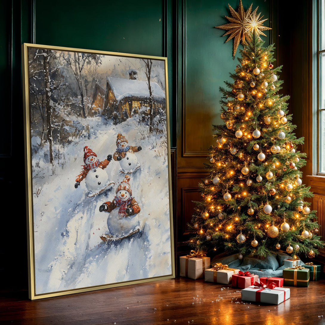 Canvas Print of a whimsical winter watercolor scene with snowmen, showcasing a snowy landscape in blue, white, and brown tones. Perfect holiday decor!