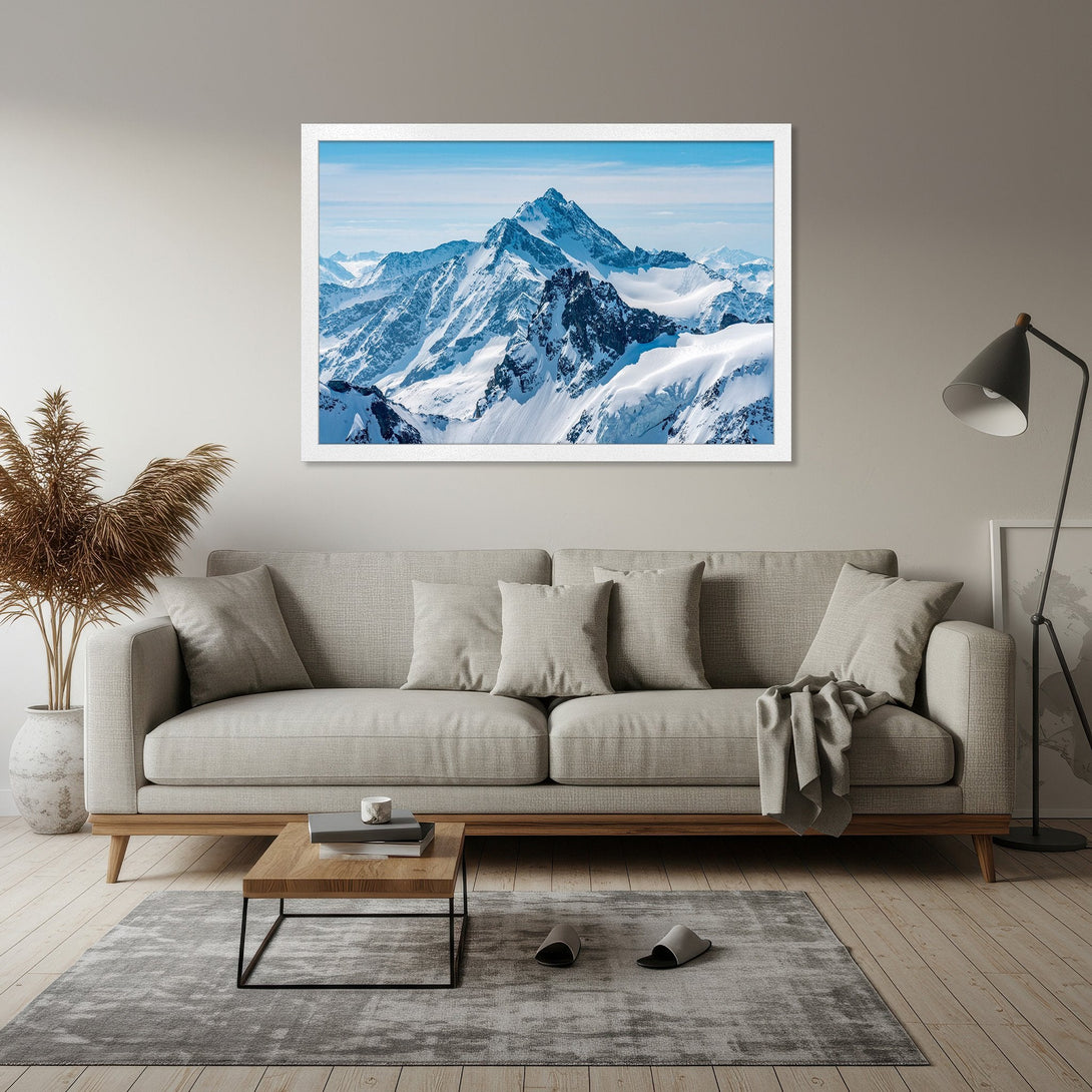 Framed Poster of majestic snow-capped mountains. Stunning landscape art with a cool blue and white color palette, perfect for any home decor.
