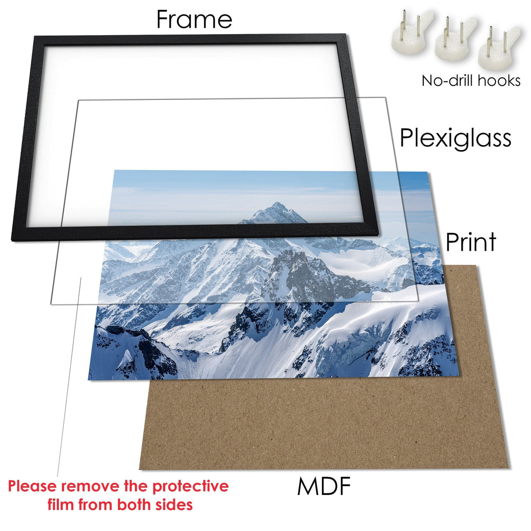Framed Poster of a majestic mountain landscape. Featuring a black frame, blue and white color palette. Perfect wall art!