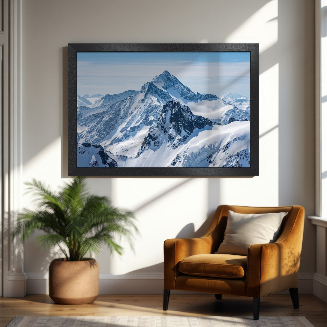 Framed Poster of a majestic mountain range in a cool blue and white palette. Perfect wall art for a modern home!