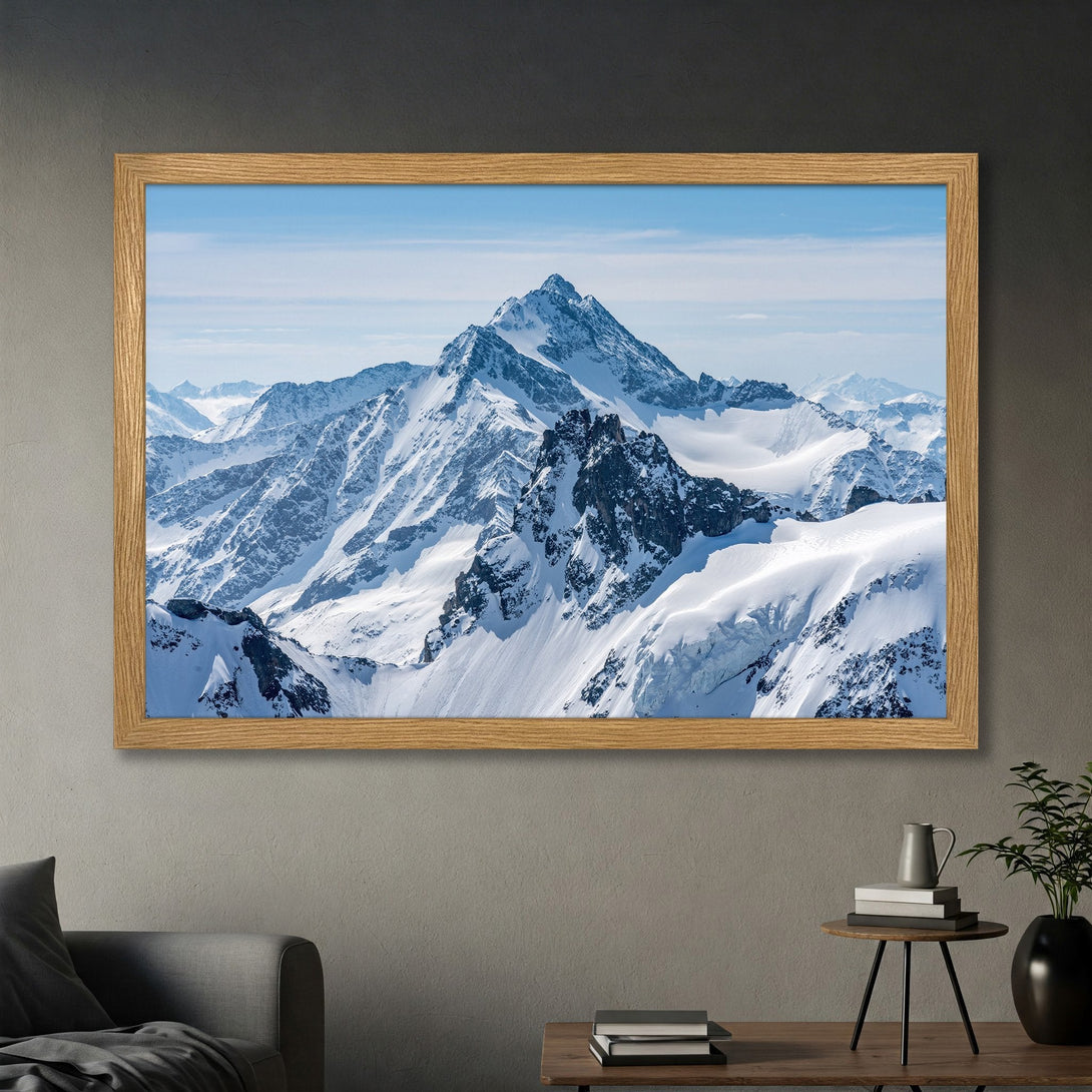 Framed Poster of majestic snow-capped mountains. Stunning landscape art in a blue and white palette. Perfect wall decor!