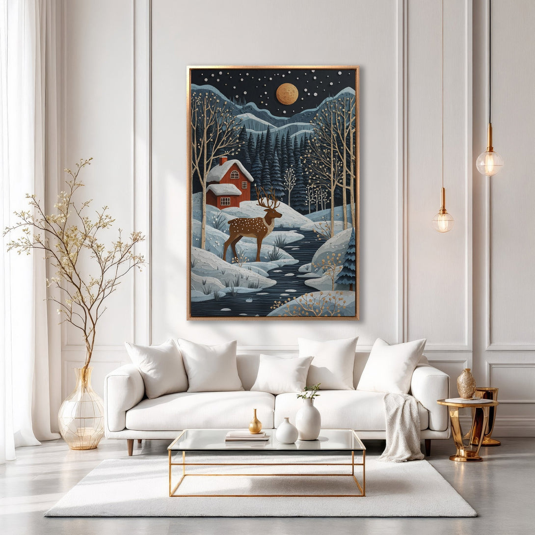 Framed Wall Art: Winter landscape Canvas Print with deer, cabin, and forest in blue, brown, and white. Perfect for cozy, modern home decor.