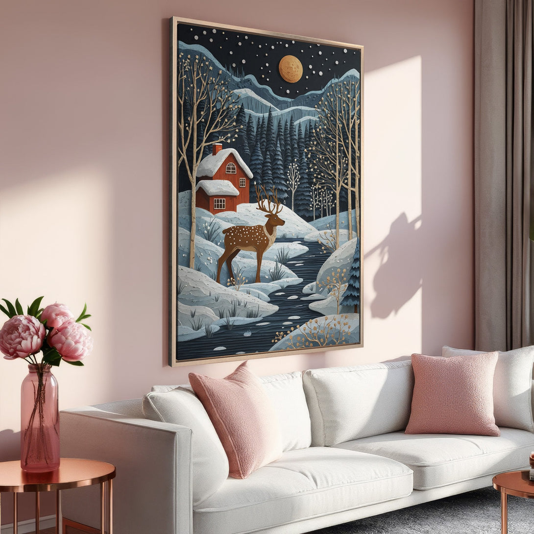 Framed Wall Art featuring a winter landscape with a deer, in a whimsical style with blue, brown, and gold tones. Perfect for cozy home decor!