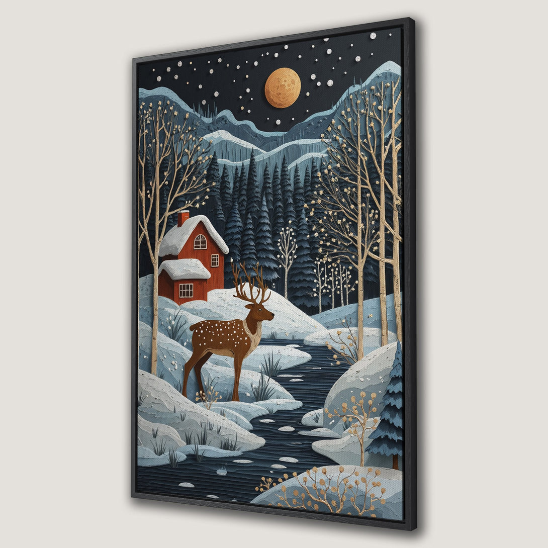 Framed Wall Art: Winter landscape with deer, red cabin, and moon. Stylized illustration in blue, gold, and red color palette. Perfect for cozy home decor.