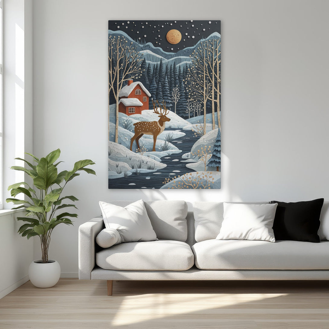 Framed Wall Art: Winter landscape Canvas Print with deer, cabin, and moon. Featuring a blue, brown, and gold color palette. Perfect for cozy decor.