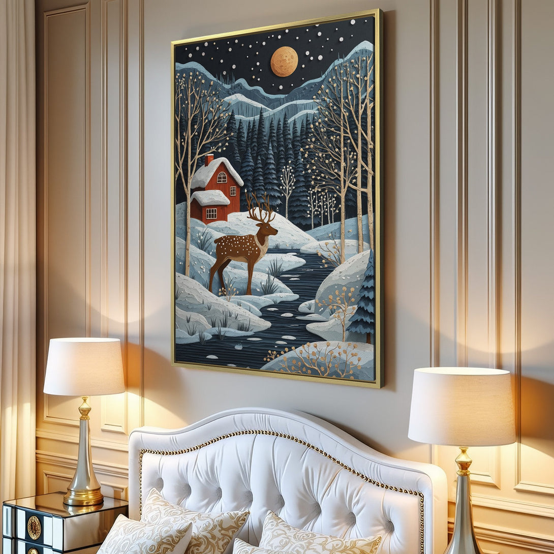 Canvas Print of a winter scene with a deer. Features a cabin, trees, and a cool blue and brown color palette. Perfect wall art!