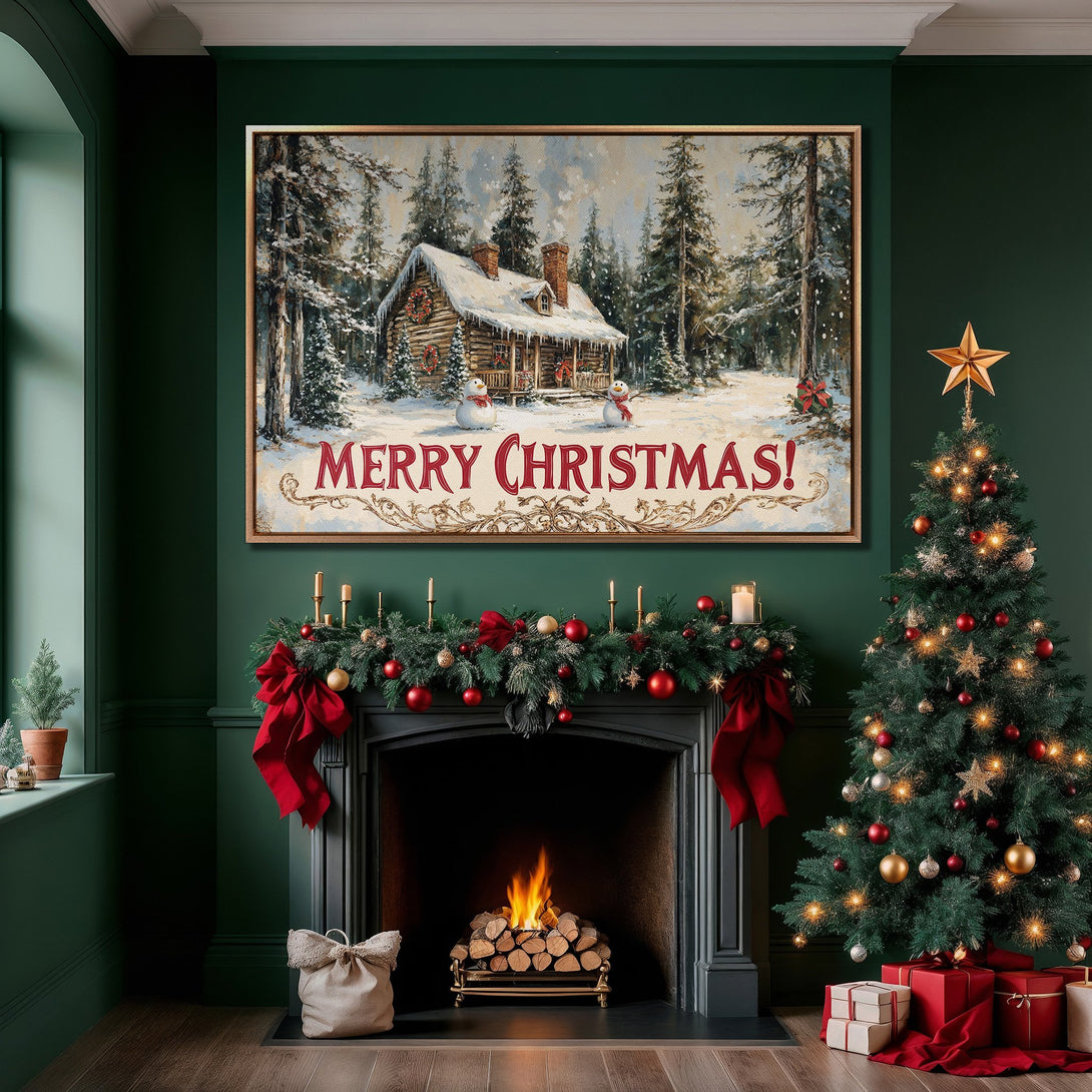 Framed Wall Art: Cozy Christmas cabin scene in a snowy forest. Warm, inviting color palette with greens, reds, and golds. Perfect holiday home decor!