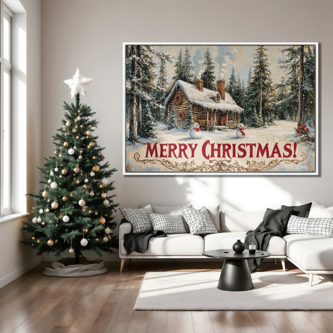 Framed Wall Art: Cozy Christmas cabin scene in a winter forest. Rustic style with warm reds, greens, and snowy whites. Perfect holiday decor!