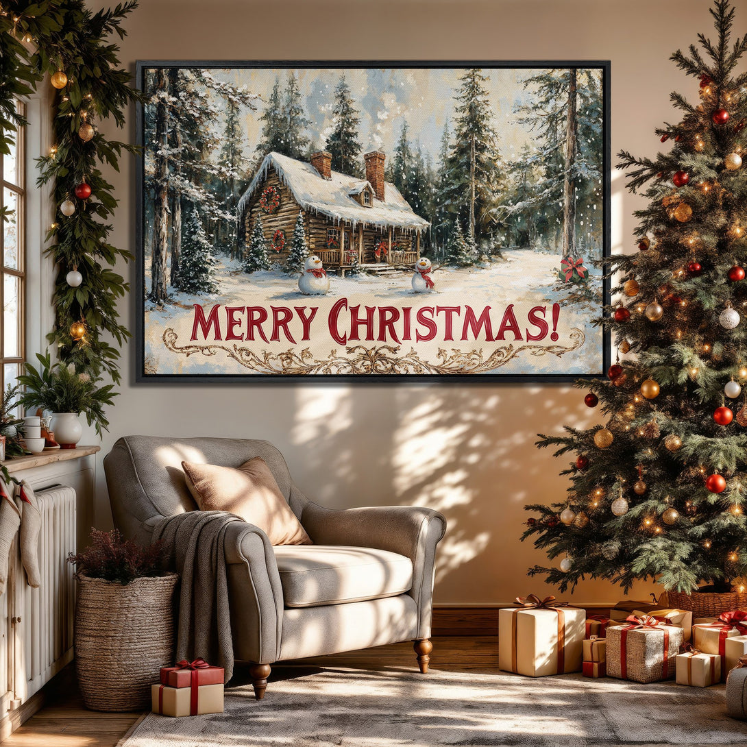 Framed Wall Art: Cozy Christmas cabin scene in a snowy forest. Warm, inviting color palette. Perfect holiday decor for your home!