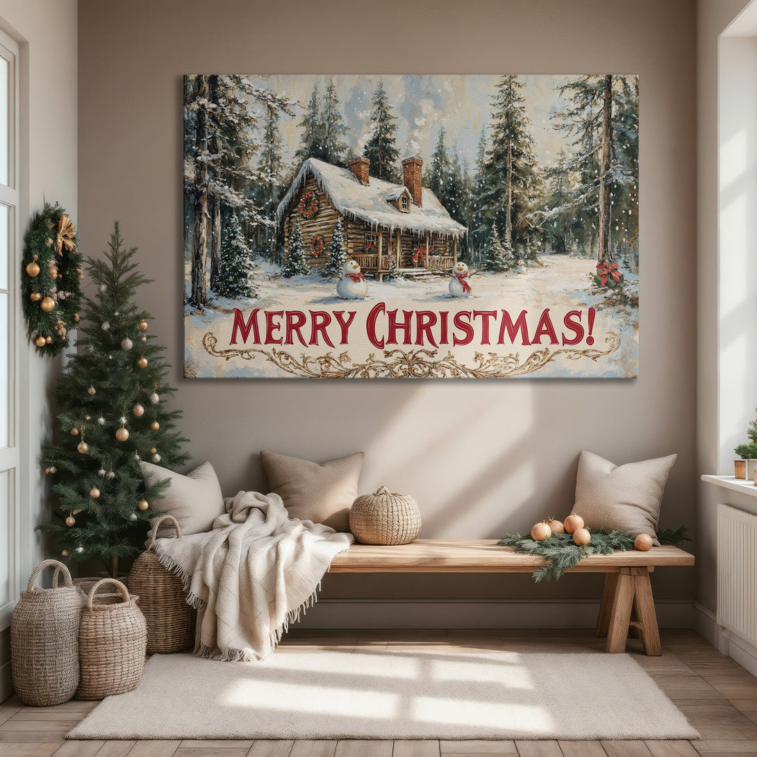 Framed Wall Art: Cozy Christmas cabin scene in a snowy forest, warm red and green hues. Perfect holiday decor for a festive home!