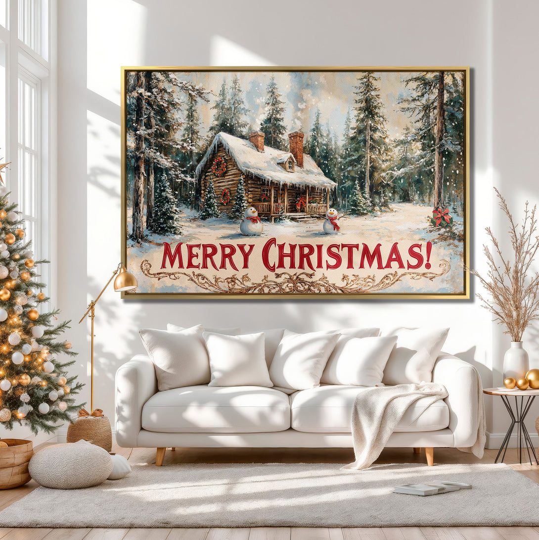 Canvas Print: Cozy Christmas cabin scene in a snowy forest. Rustic style, warm neutral tones with pops of red. Perfect holiday wall art.